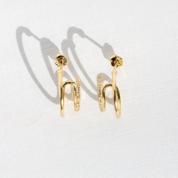 Gold Double Hoop Earring pave and Extra Loop Pretty Earrings Unique Earrings - Picture 8 of 12